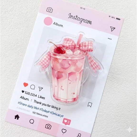 Pink Iced Cup Phone Grip: Pink Coquette Magsafe Socket, Girlie Ribbon Acrylic Griptok