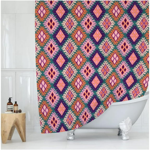 Pink Ikat Print Shower Curtain, Bathroom Decor, Boho Colorful Modern Fabric Shower Curtain 72x72 Inches (Ikat)