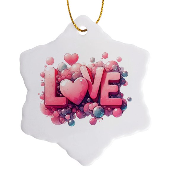 3drose, Pink Image of Bubbles Love Illustration, 3 inch Snowflake Porcelain Ornament