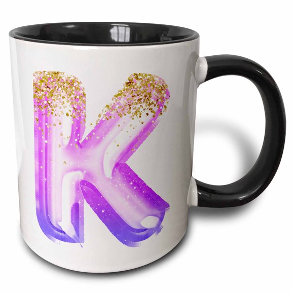3drose, Pink Image of Gold Glitter Image of Balloon Monogram K, 15oz Two-tone Black Mug