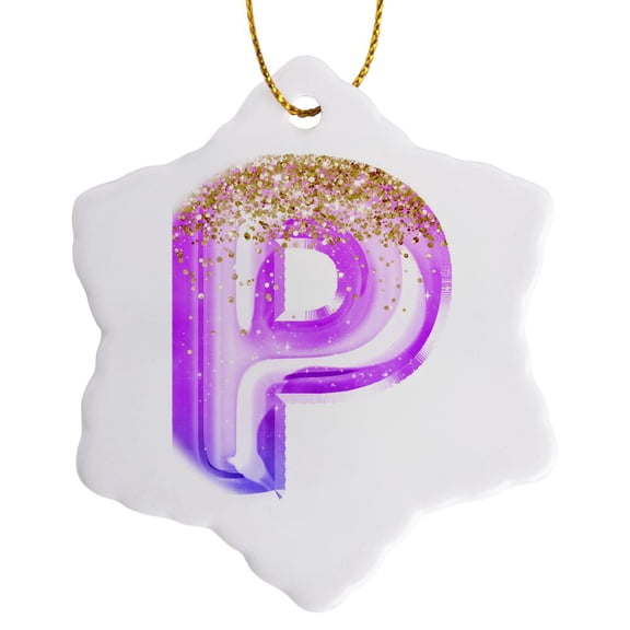 3drose, Pink Image of Gold Glitter Image of Balloon Monogram P, 3 inch Snowflake Porcelain Ornament