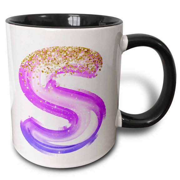 3drose, Pink Image of Gold Glitter Image of Balloon Monogram S, 15oz Two-tone Black Mug