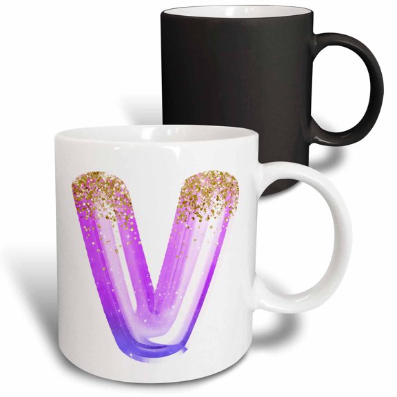 3drose, Pink Image of Gold Glitter Image of Balloon Monogram V, 11oz Magic Transforming Mug
