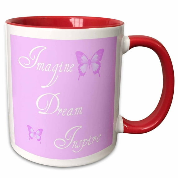 3drose, Pink Imagine, Dream, Inspire Butterflies- Affirmations- Inspirational Words, 11oz Two-tone Red Mug