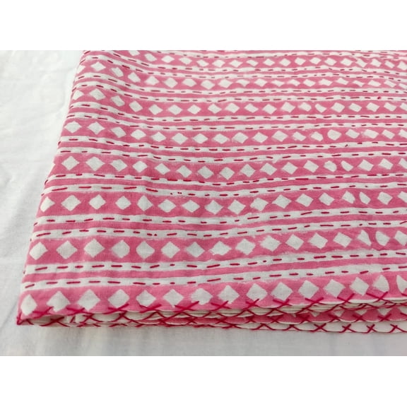 Pink Indian Block Print Kantha Quilt: Handmade Cotton Bedspread