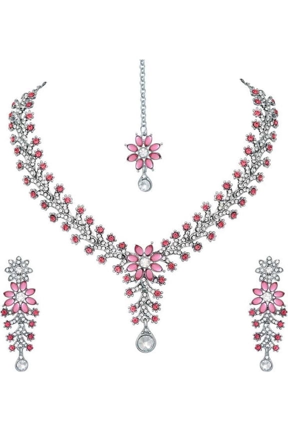 Silver-Plated Pink Indian Stone & Kundan Choker Jewelry Set for women's