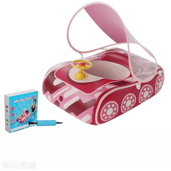 Pink Inflatable Pool Float with Sunshade Canopy, Car-Shaped Swim Ring with Steering Wheel for Water