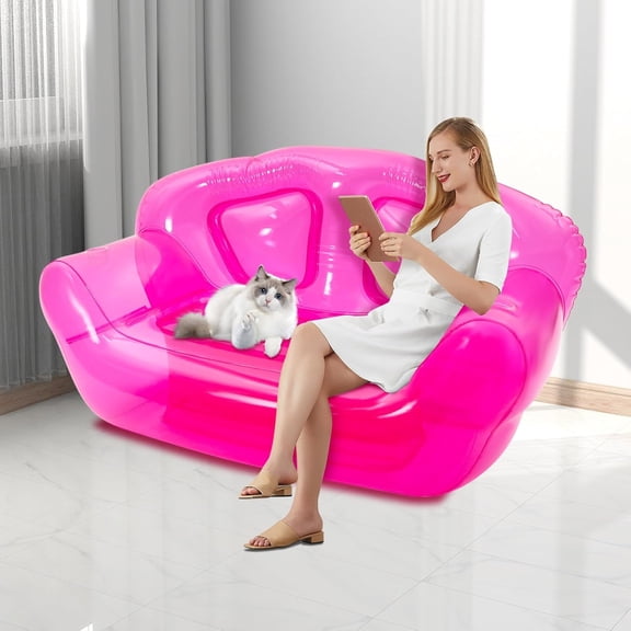 Pink Inflatable Sofa Seat, Transparent PVC Inflatable Couch Blow Up Chairs Couches Lounger Sofa Portable Inflatable Camping Yard Couches Chairs Double Person Sofa for Camping Living Room Bedroom