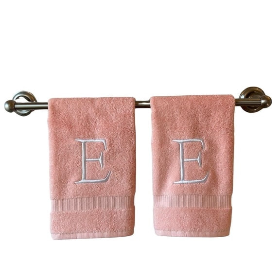 Pink Initial Hand Towel for Bathroom - Monogrammed Luxury Hotel Quality Decorative Towel for Powder Room - GOTS Organic Certified - Set of 2 Letter E