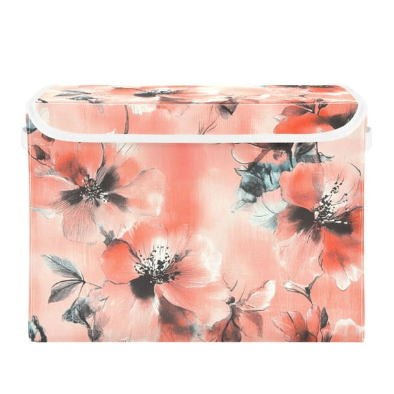 Pink Ink Style Floral Large Storage Bins with Linen Collapsible Lid Storage Box 16.7 x 12.6 x 11.8in