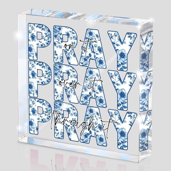 Pink Inspirational Decor Pray Over It Bible Verse Wall Art Christian Gifts for Women, 4x4 Inches(10x10cm) Office Desk Accessories Decor, Pink Dorm Room Decoration for Women-Pray on it Pray through it