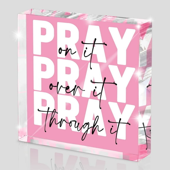 Pink Inspirational Decor Pray Over It Bible Verse Wall Art Christian Gifts for Women, 4x4 Inches(10x10cm) Office Desk Accessories Decor, Pink Dorm Room Decoration for Women-Pray on it Pray through it