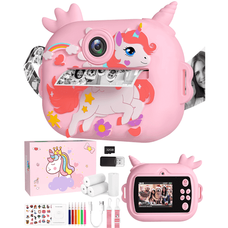 Pink Instant Camera For Kids, 4800W Pixel 1080P HD 2.4 Inch Screen 4 Rolls Paper
