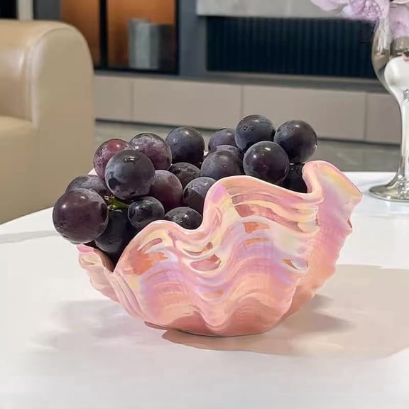 Pink Iridescent Ceramic Shell Storage Bowl, Sculptural Trinket Dish for Key Entryway Organization, Decorative Table Accent for Living Room, Foyer, and Countertop Display