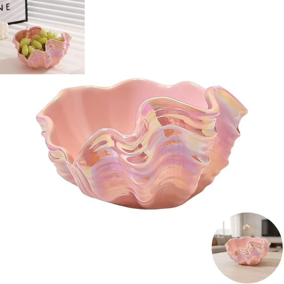 Pink Iridescent Ceramic Shell Storage Bowl, Sculptural Trinket Dish for Key Entryway Organization