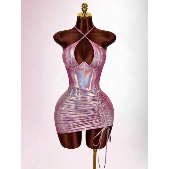 Pink Iridescent Halter Backless Ruched Mini Dress For Party
