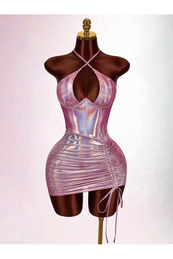 Pink Iridescent Halter Backless Ruched Mini Dress For Party