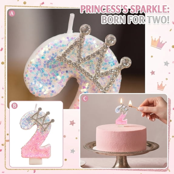 Pink Iridescent Number 2 Birthday Cake Candle with Crown Topper Princess Theme Girl 2Nd Birthday Party Decorations