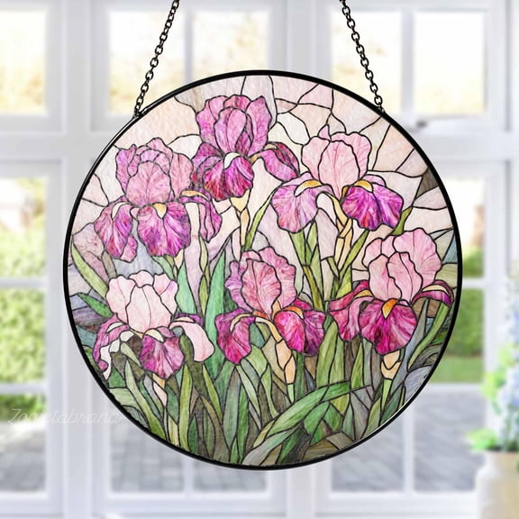 Pink Irises Glass Suncatcher, Iris February Birth Flower Window Hangings, Irises Flower Lovers Gift, Iris Flower Sun Catcher Gift for Mom