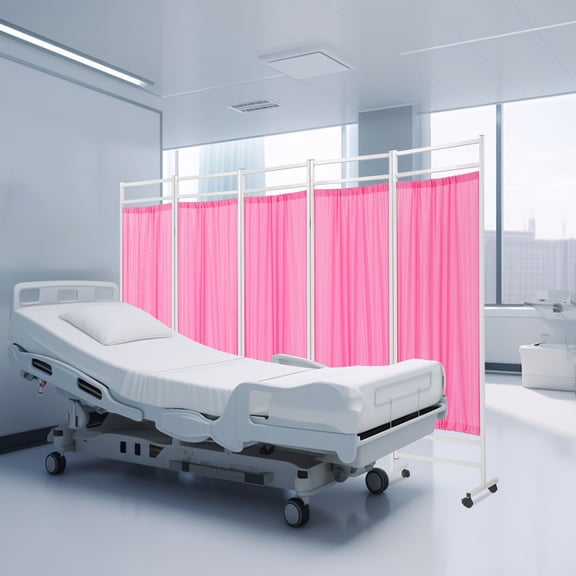 Pink Iron Pipe 250*180cm 5-Sided Medical Folding Screen Nylon Privacy Partition Movable Curtain With Wheels