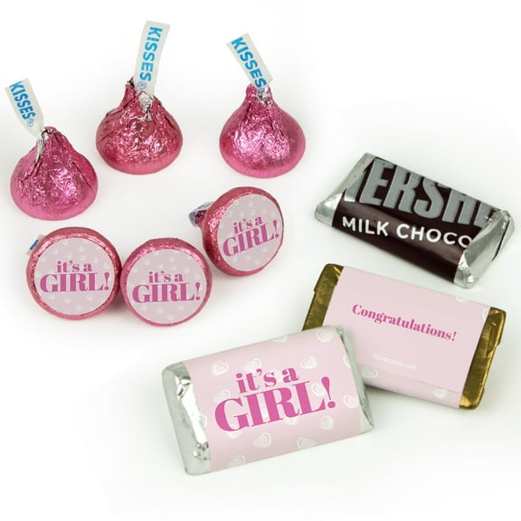 Pink It's a Girl Baby Shower Candy Party Favors (Approx. 85 Pcs Milk Chocolate Kisses & 34 Pcs Wrapped Miniatures)