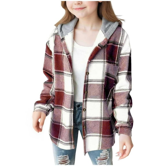 Pink Jacket for Girls Size 14-16 Girls Wool Blend Plaid Jacket Button Down Casual Sherpa Lined Shacket Long Sleeve Hooded Coat Fall Winter Warm Outerwear with Pocket
