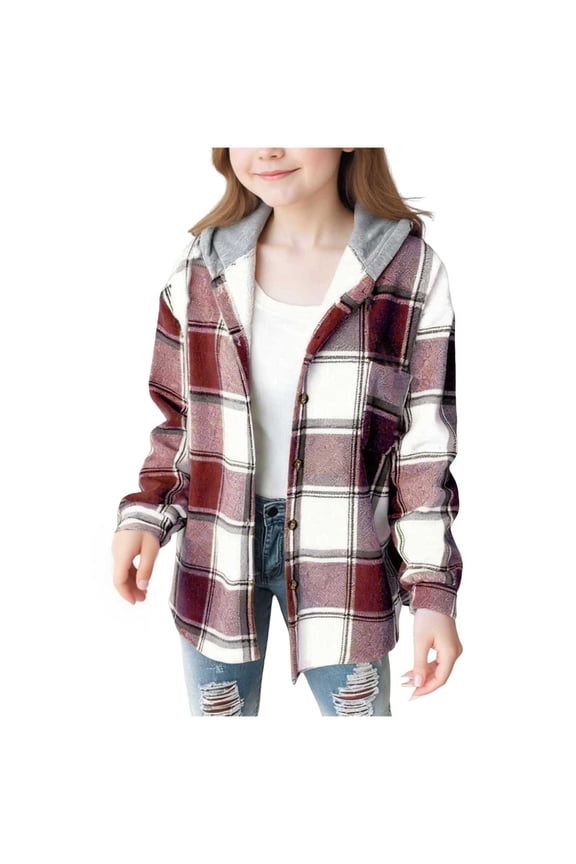 Pink Jacket for Girls Size 14-16 Girls Wool Blend Plaid Jacket Button Down Casual Sherpa Lined Shacket Long Sleeve Hooded Coat Fall Winter Warm Outerwear with Pocket