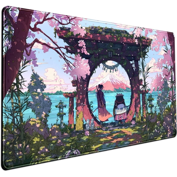 Pink Japan Desk Pad Anime Gaming Green Mouse Pad Large Mouse Pad For Desk Computer Pc Laptop Office Decor For Women, Anime Mouse Keyboard Pad Stitched Edges Non-Slip Rubber Mat Desk Pad (31.5x15.7 In)