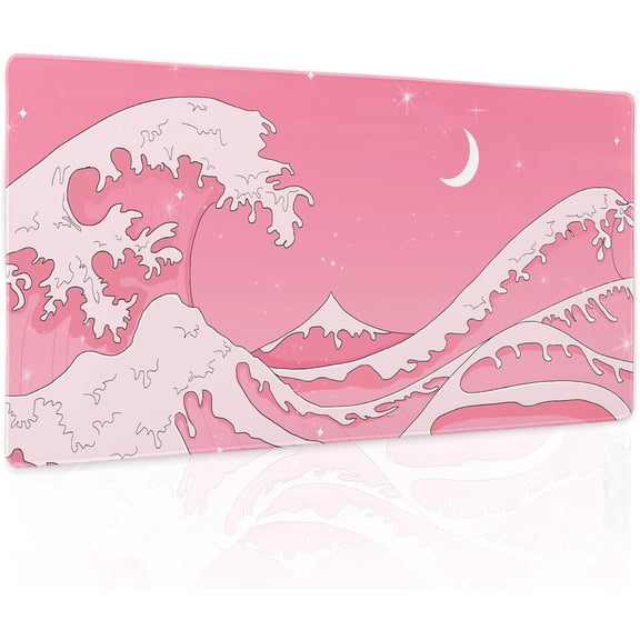 Pink Japanese Anime Gaming Mouse Pad XL Cute Aesthetic Wave Extended Big Large Desk Mat Non-Slip Rubber Base Stitched Edge Long Keyboard Mousepad for PC Computer Laptop,24x14 in,60x35cm
