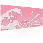 Pink Japanese Anime Gaming Mouse Pad XL Cute Kawaii Aesthetic Wave Extended Big Large Desk Mat Non-Slip Rubber Base Stitched Edge Long Keyboard Mousepad for PC Computer Laptop,31.5 11.8 in