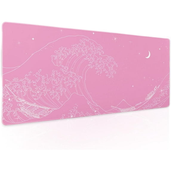 Pink Japanese Anime Gaming Mouse Pad XL Cute Kawaii Wave Moon Extended Large Desk Mat Big Mousepad Non-Slip Rubber Base Stitched Edge Long Desk Pad for Desktop Office PC Computer,31.5×11.8 Inches