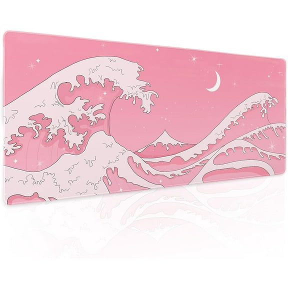 Pink Japanese Anime Gaming Mouse Pad - XL Kawaii Aesthetic Wave, Extended Big Large Desk Mat, Non-Slip Rubber Base, Stitched Edge, Long Keyboard Mousepad for PC, Laptop, 31.5x11.8in