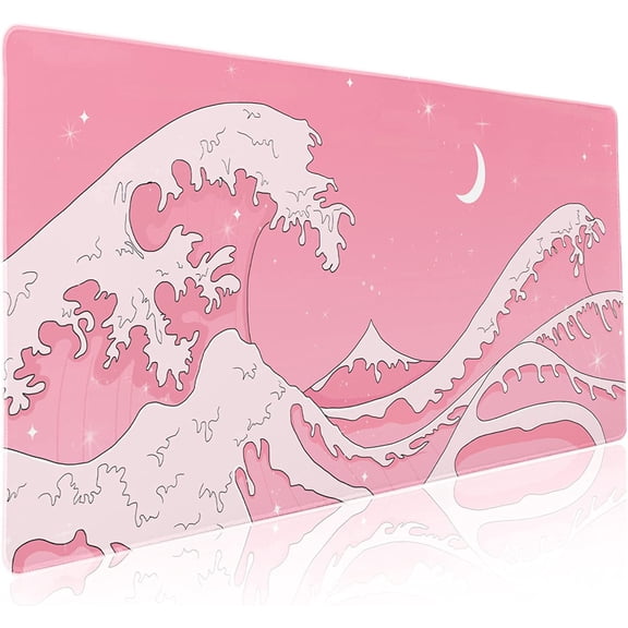 Pink Japanese Anime Gaming Mouse Pad XXL Cute Kawaii Aesthetic Wave Extended Big Large Desk Mat Non-Slip Rubber Base Stitched Edge Long Keyboard Mousepad for PC Computer Laptop,35.4×15.7 in