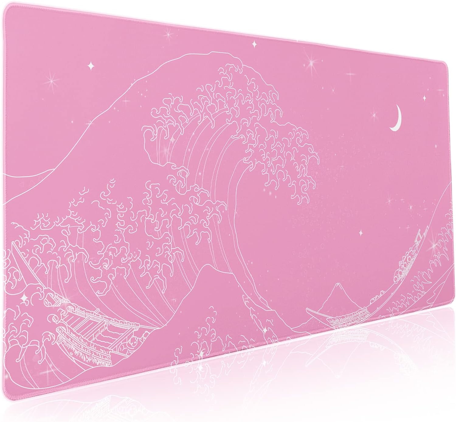Pink Japanese Anime Gaming Mouse Pad XXL Cute Kawaii Wave Moon Extended Large Desk Mat Big Mousepad Non-Slip Rubber Base Stitched Edge Long Mousepad for Desktop Office PC Computer, 35.4 x 15.7 inches
