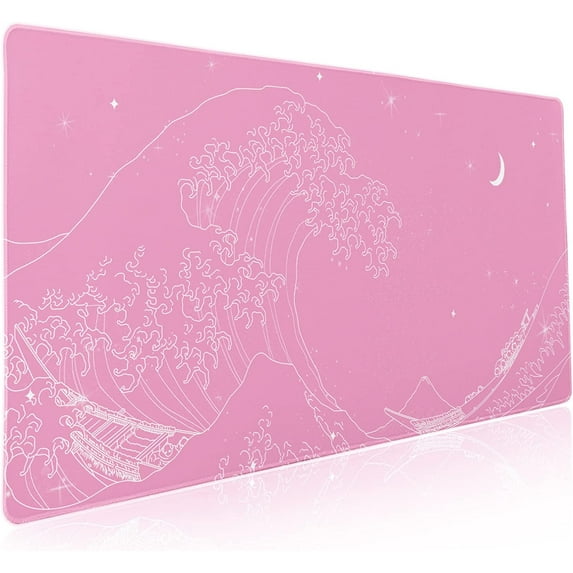 Pink Japanese Anime Gaming Mouse Pad XXL Kawaii Wave Moon Extended Large Desk Mat Big Mousepad Non-Slip Rubber Base Stitched Edge Long Mousepad for Desktop Office PC Computer, 35.4 x 15.7 inches