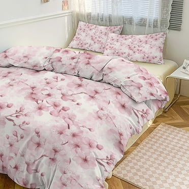 Pink Japanese Cherry Blossoms Duvet Cover King&Queen Size Soft 3 Pieces Set 1 Duvet Cover and 2 Pillow Shams with Zipper Closure 86"x70"