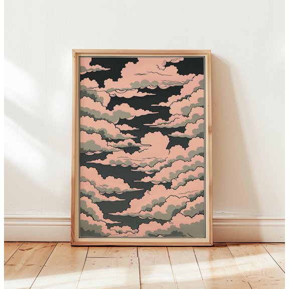 Pink Japanese Cloud Vintage Sky Retro Traditional Asian Aesthetic Art Print, Unframed Canvas 16x20in