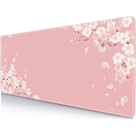 Pink Japanese Desk Mat, Cherry Blossom Large Gaming Mouse Pad, Non-Slip Rubber Base Mousepad Desk Decor for Women, Desk Pad for Work, Game, Office, 31.5x11.8 Inch- Sakura Flowers Aesthetic
