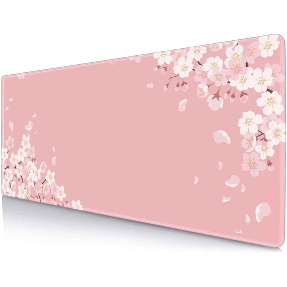 Pink Japanese Desk Mat, Cherry Blossom Large Gaming Mouse Pad, Non-Slip Rubber Base Mousepad for Women, Desk Pad for Work, Game, Office, 31.5x11.8 Inch- Sakura Flowers Aesthetic