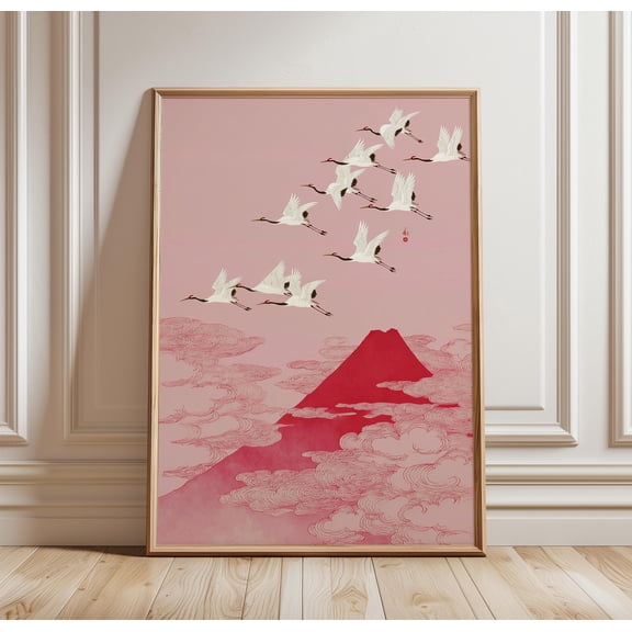 Pink Japanese Wall Art Poster Mount Fuji Crane Illustration Sakura Sky Minimal Living Room Art Print, Japanese Style, Poster Only