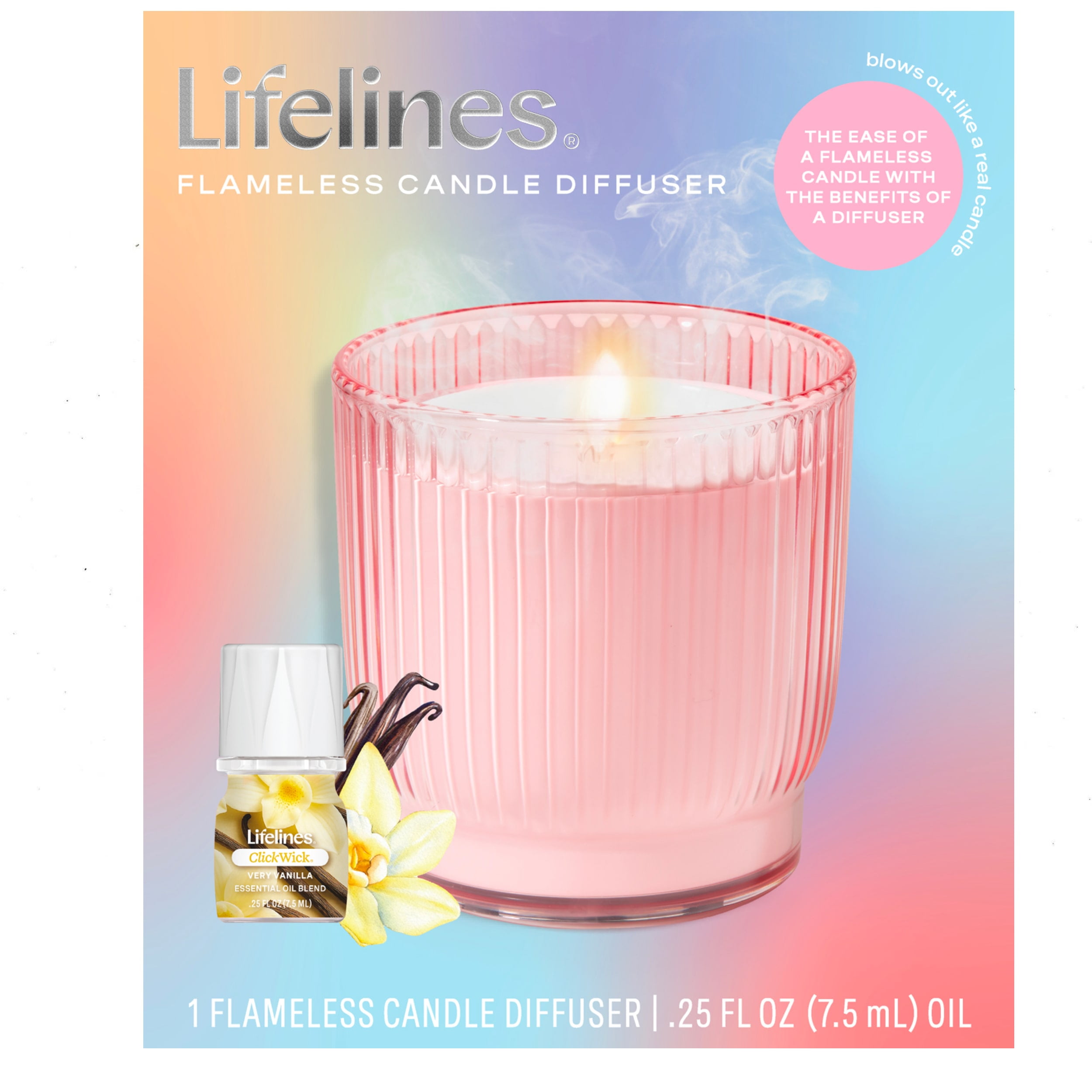 Lifelines Flameless Candle Diffuser with ClickWick Essential Oil Blend, Rechargeable & Waterless Aromatherapy Diffuser for Home and Office, Ribbed Pink Jar