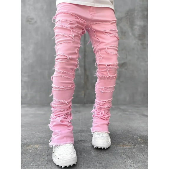 Pink Jeans Men Women Leisure Streetwear Vintage Style Ripped Jeans Baggy Bootcut Work Y2k Pants Male Trousers Clothing