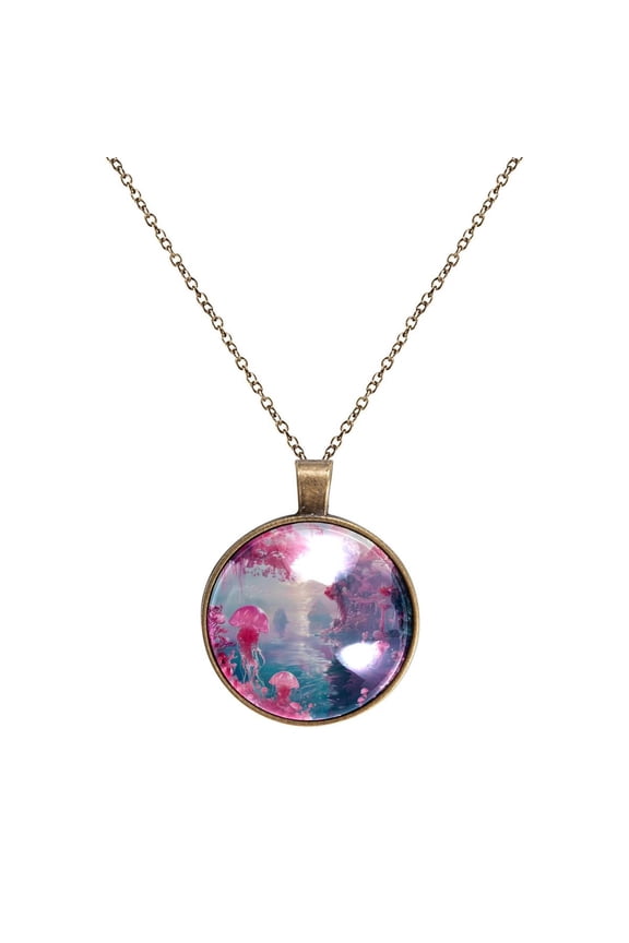 Pink Jellyfish Necklace Personalized Custom Photo Round Pendant Adjustable Stainless Steel Necklaces with Gift Box for Men Women Mothers Valentine's Jewelry Gift