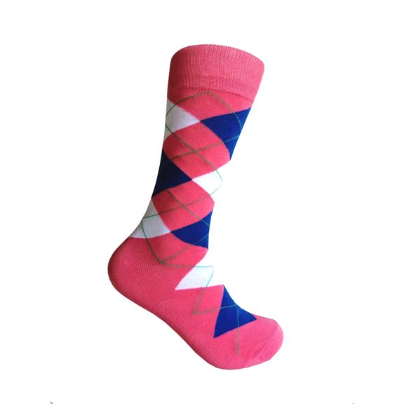 Pink(Jellyfish Pink)with Blue and White Color Mid-calf Argyle Dress Casual Socks for Men