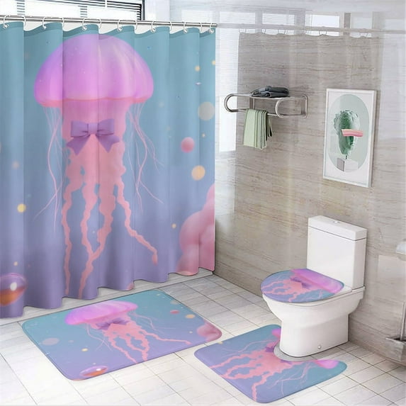 Pink Jellyfish with Bow Shower Curtain Set Modern Bathroom Decor Mats 4pcs Fabric Bathroom Curtain Slip Floor Rug Toilet Lid