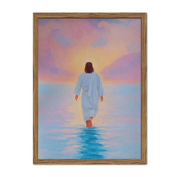 Pink Jesus Walking On Water Mural, Christian Jesus Wall Decoration, Girl-Friendly 3D Textured Hand-Painted Sandstone Religious Art, For Living Room, Prayer Room & Bedroom