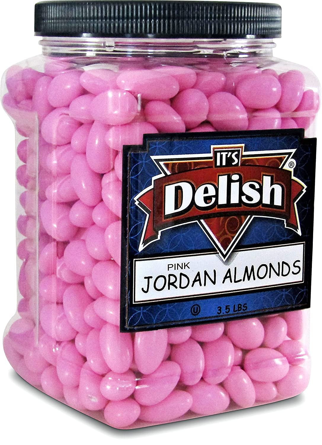 Pink Jordan Almonds by Its Delish, 3.5 lbs Jumbo Container  Bulk Candied Almond Nut with Sweet Hard Candy Coating - Mothers Day, Weddings Bridal Showers, Baby Girl Theme Party Favors - Vegan & Kosher