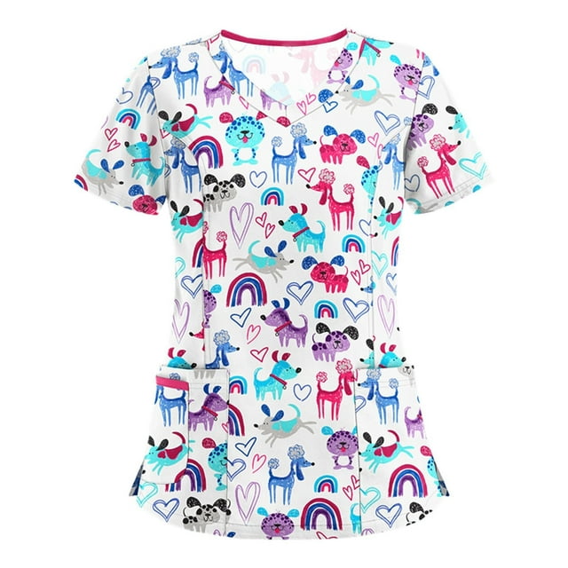 Pink Juniors Vneck Spandex Tops Work Scrub Uniform Blouse for Women Short Sleeve Graphic Cute Animal Summer Fall Shirt 2025 Clothes Fashion Country Concert XL
