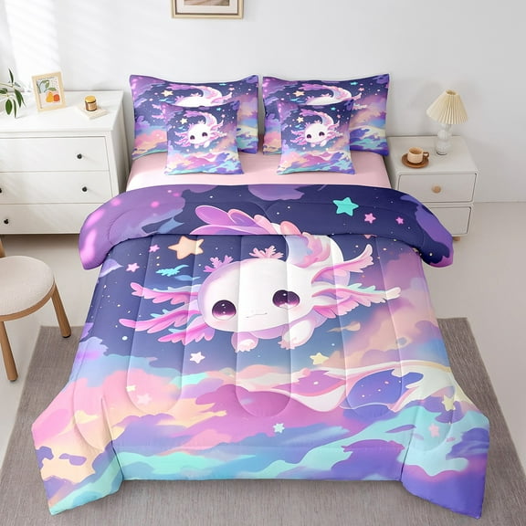 Pink Kawaii Axolotl Bed In A Bag Cute Axolotl Full 7 Piece Comforter Sets Cartoon Salamander Animal Bedding Set Women,Rainbow Cloud Stars Wildlife Bed Set