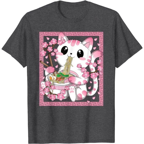 Pink Kawaii Cat Ramen Noodles Anime Japanese Cherry Blossom T-Shirt, Cute Kitten For Men Women Cats Lover, Dark Heather Color, Size 3XL